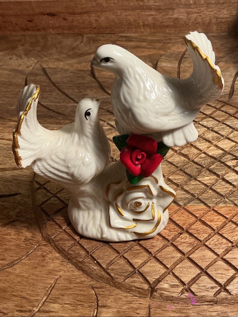 Porcelain Dove Couple Figurine with Red Rose Accents